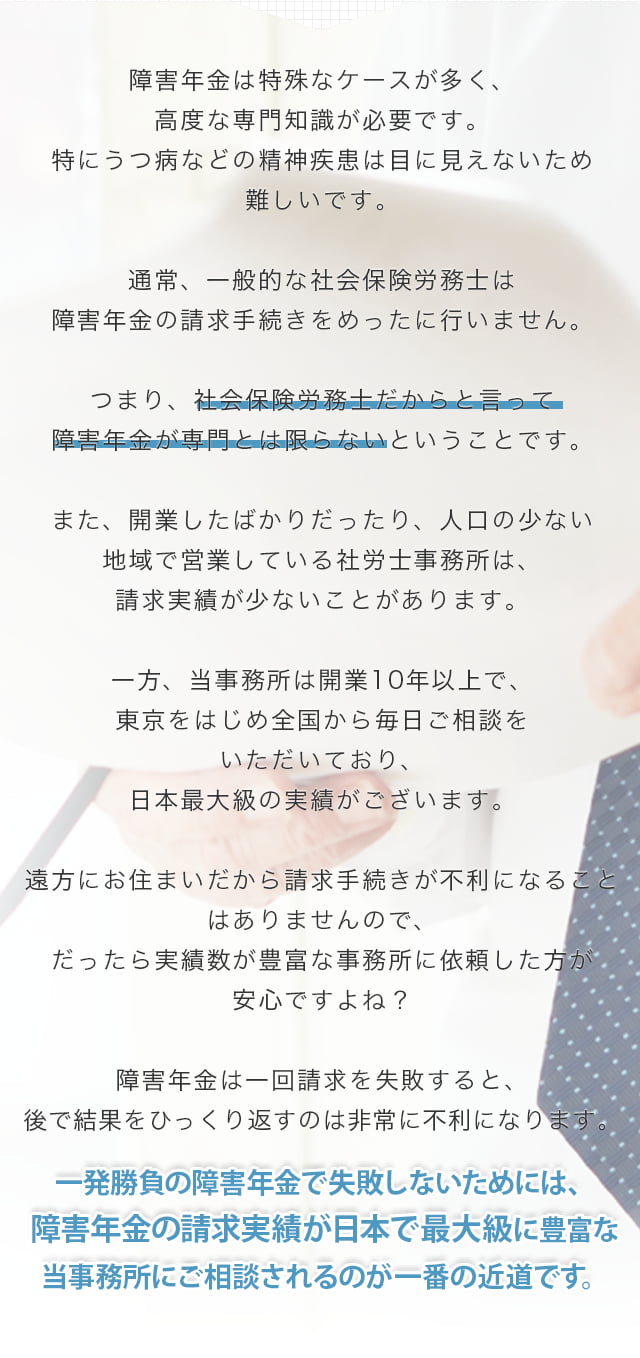障害年金は特殊なケースが多く、高度な専門知識が必要です。特にうつ病などの精神疾患は目に見えないため難しいです。通常、一般的な社会保険労務士は障害年金の請求手続きをめったに行いません。つまり、社会保険労務士だからと言って障害年金が専門とは限らないということです。また、開業したばかりだったり、人口の少ない地域で営業している社労士事務所は、請求実績が少ないことがあります。一方、当事務所は開業10年以上で、東京をはじめ全国から毎日ご相談をいただいており、日本最大級の実績がございます。遠方にお住まいだから請求手続きが不利になることはありませんので、だったら実績数が豊富な事務所に依頼した方が安心ですよね？障害年金は一回請求を失敗すると、後で結果をひっくり返すのは非常に不利になります。一発勝負の障害年金で失敗しないためには、障害年金の請求実績が日本で最大級に豊富な当事務所にご相談されるのが一番の近道です。